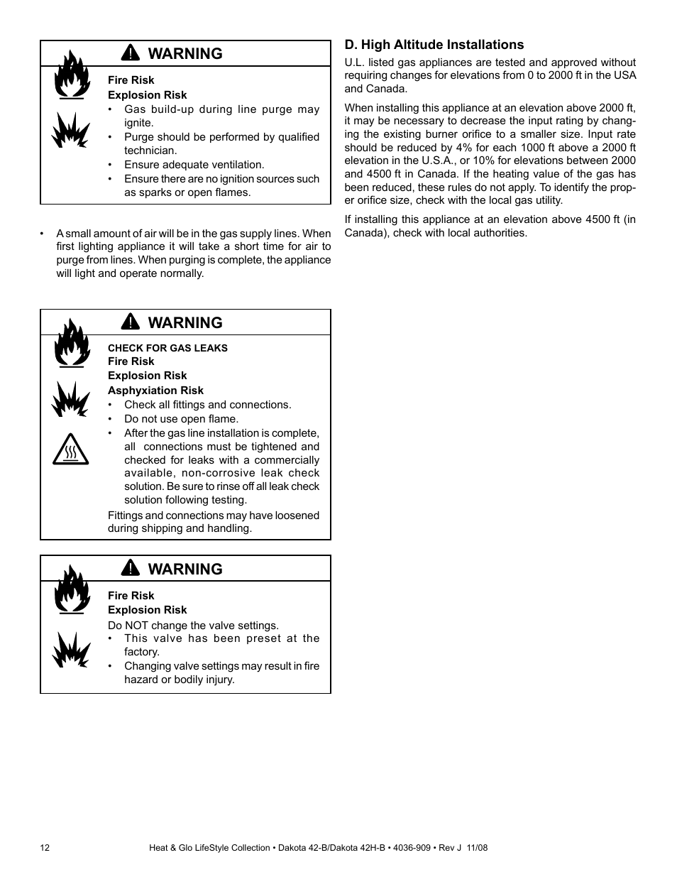 Warning | Hearth and Home Technologies Dakota 42-B User Manual | Page 12 / 36