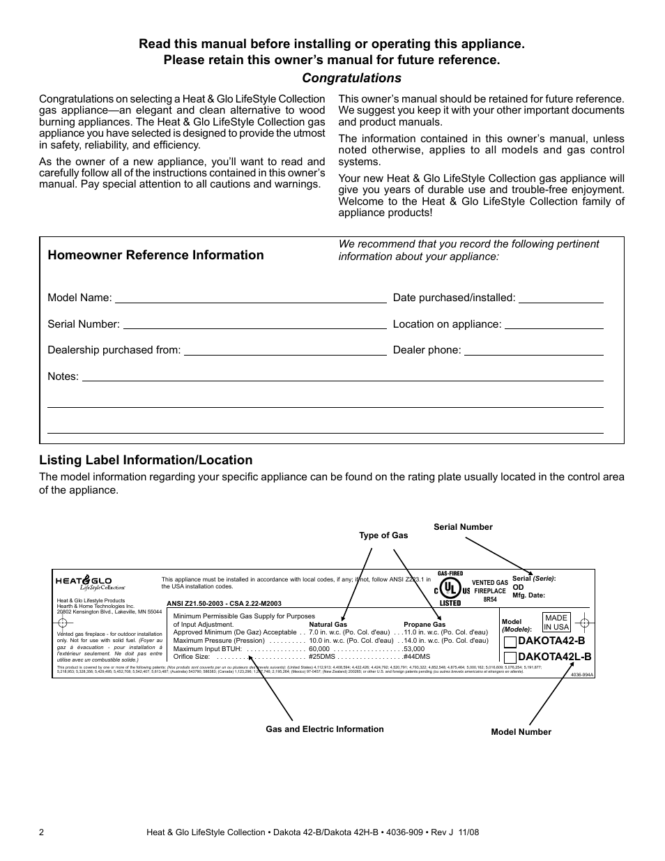 Homeowner reference information, Listing label information/location | Hearth and Home Technologies Dakota 42-B User Manual | Page 2 / 36