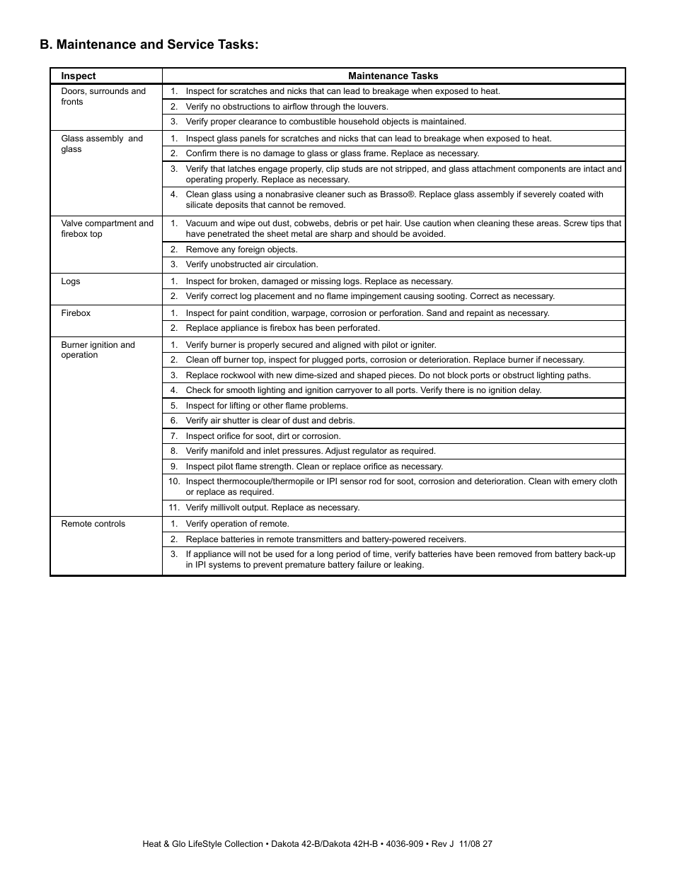 B. maintenance and service tasks | Hearth and Home Technologies Dakota 42-B User Manual | Page 27 / 36