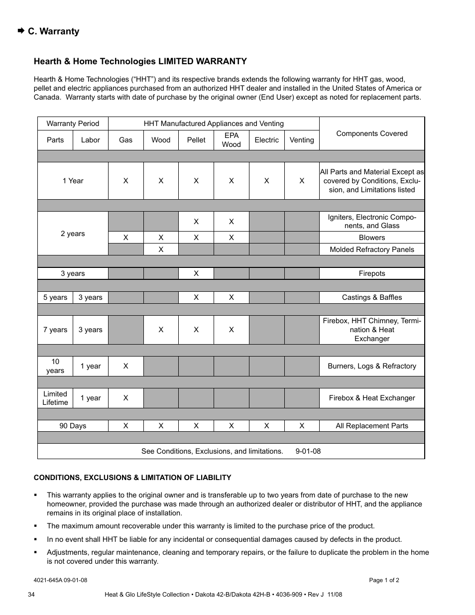 C. warranty | Hearth and Home Technologies Dakota 42-B User Manual | Page 34 / 36