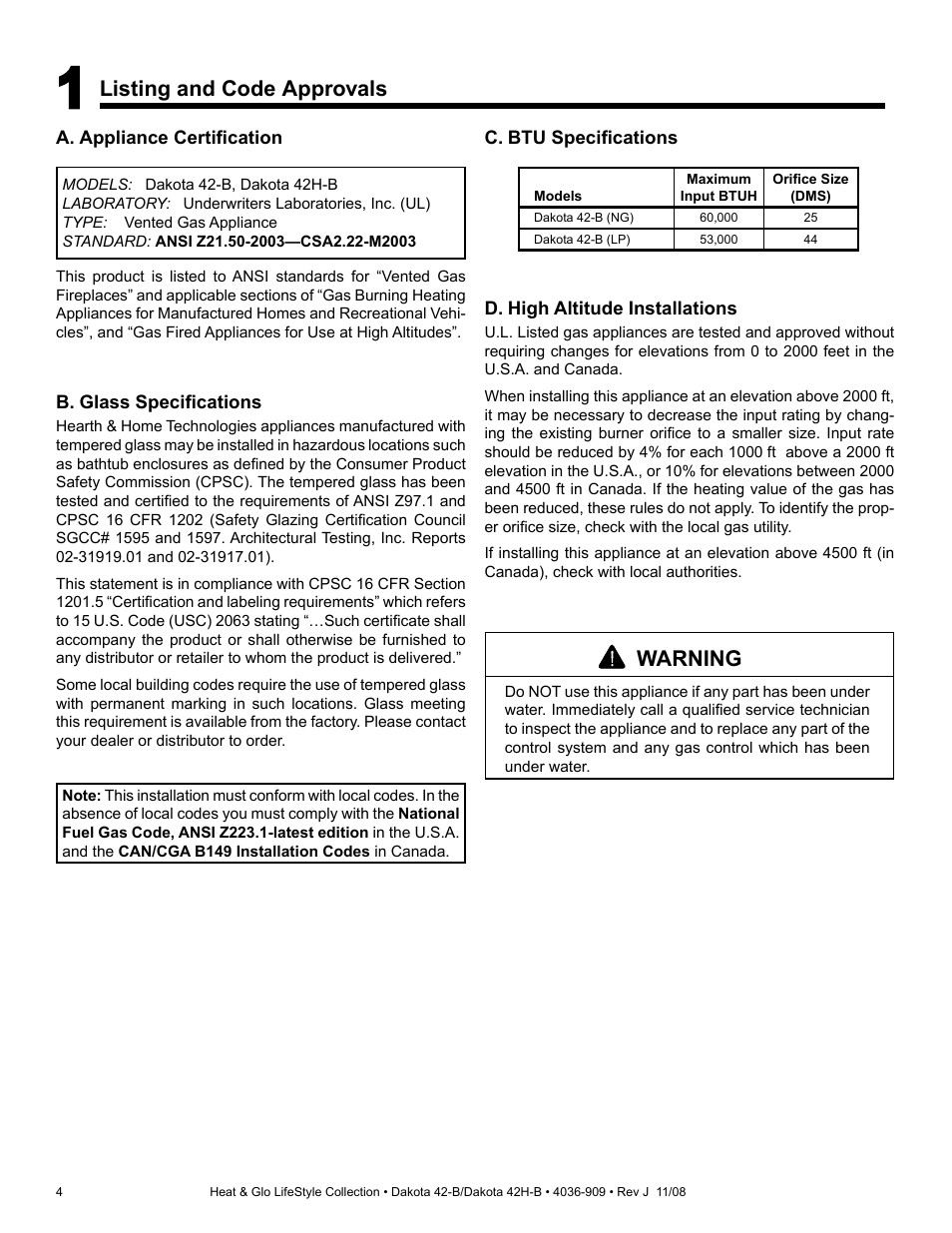 Listing and code approvals, Warning | Hearth and Home Technologies Dakota 42-B User Manual | Page 4 / 36