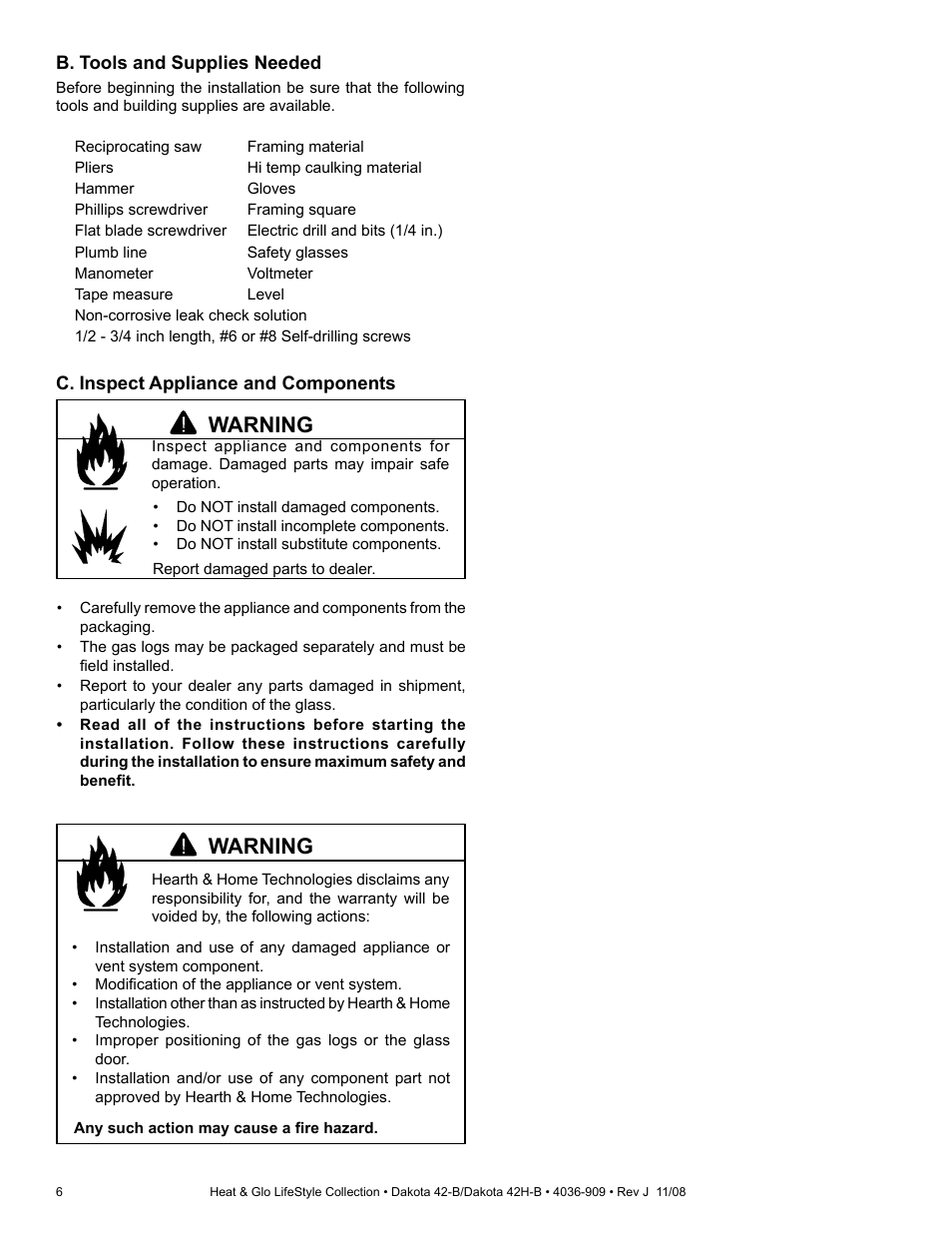 Warning | Hearth and Home Technologies Dakota 42-B User Manual | Page 6 / 36
