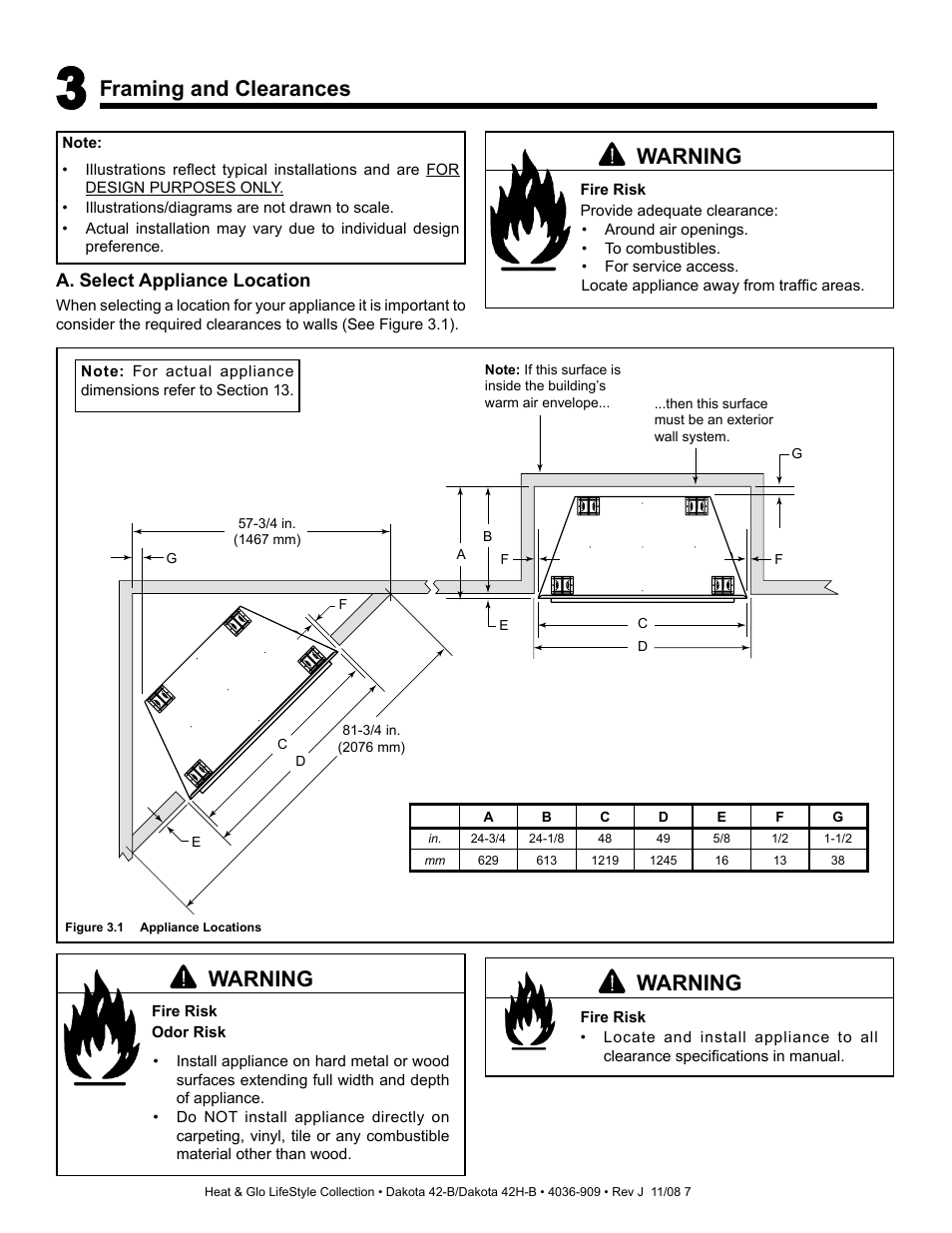 Warning, Framing and clearances | Hearth and Home Technologies Dakota 42-B User Manual | Page 7 / 36