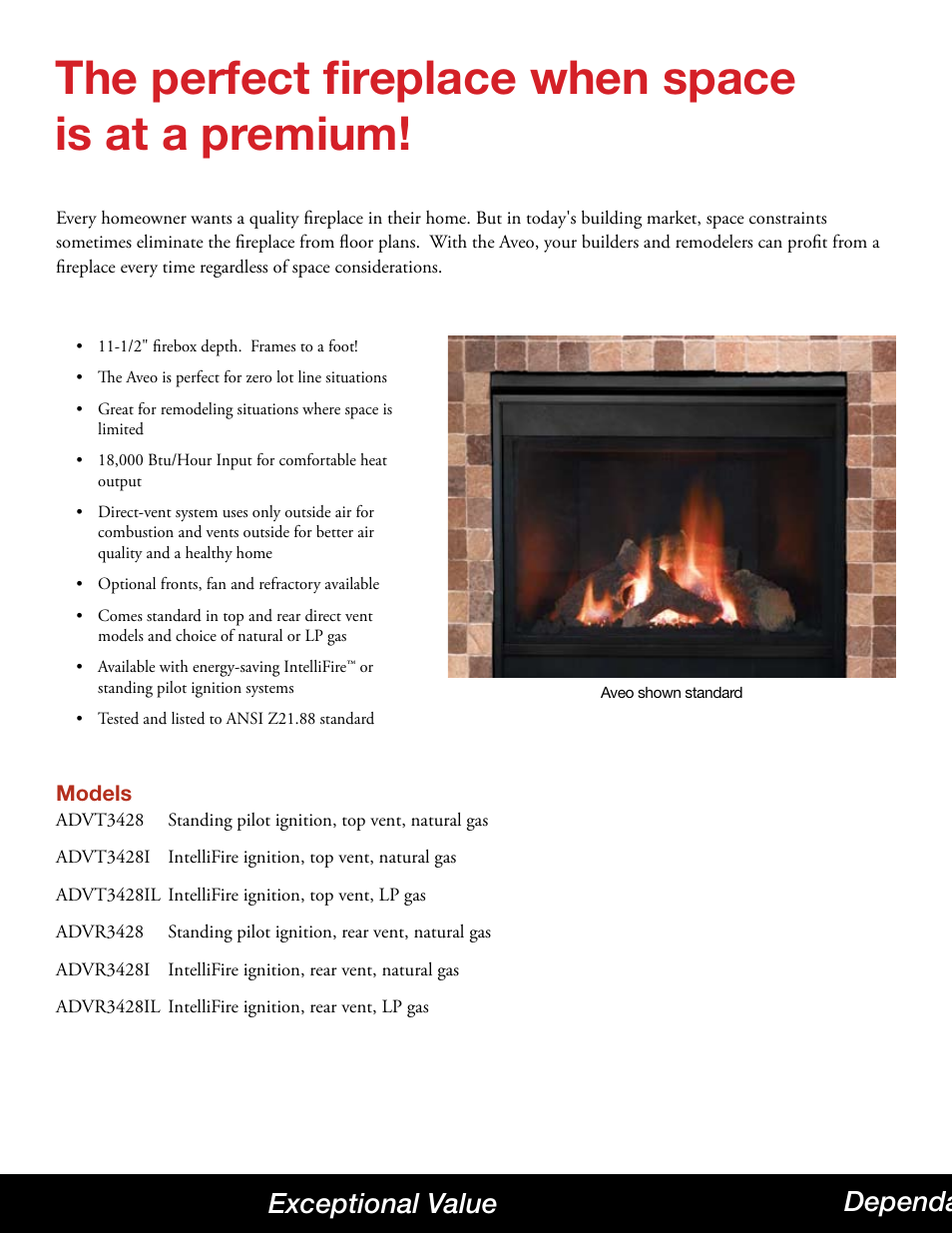 The perfect fireplace when space is at a premium | Hearth and Home Technologies Direct Vent Gas Fireplace Aveo User Manual | Page 2 / 4