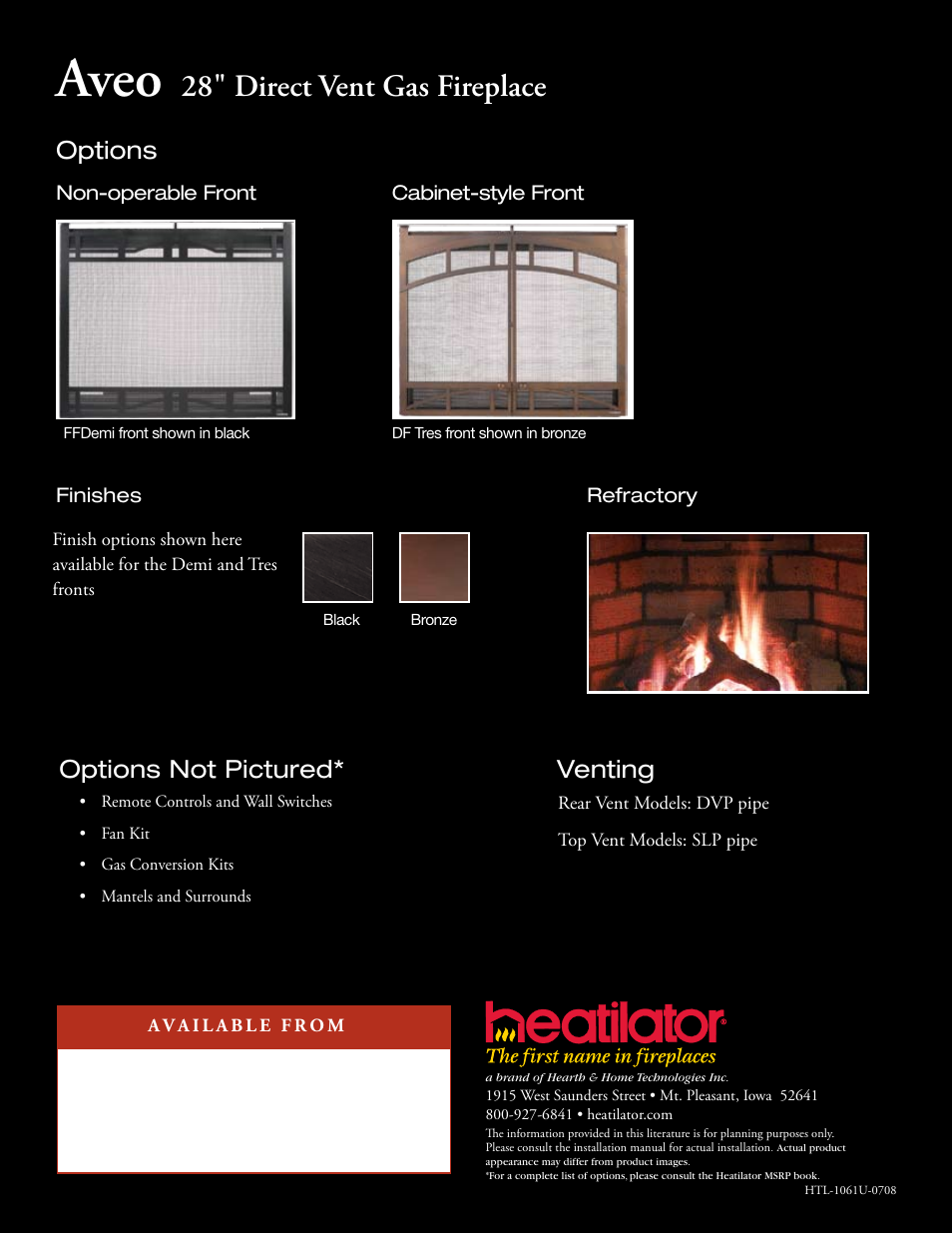 Aveo, 28" direct vent gas fireplace, Options not pictured | Options, Venting | Hearth and Home Technologies Direct Vent Gas Fireplace Aveo User Manual | Page 4 / 4