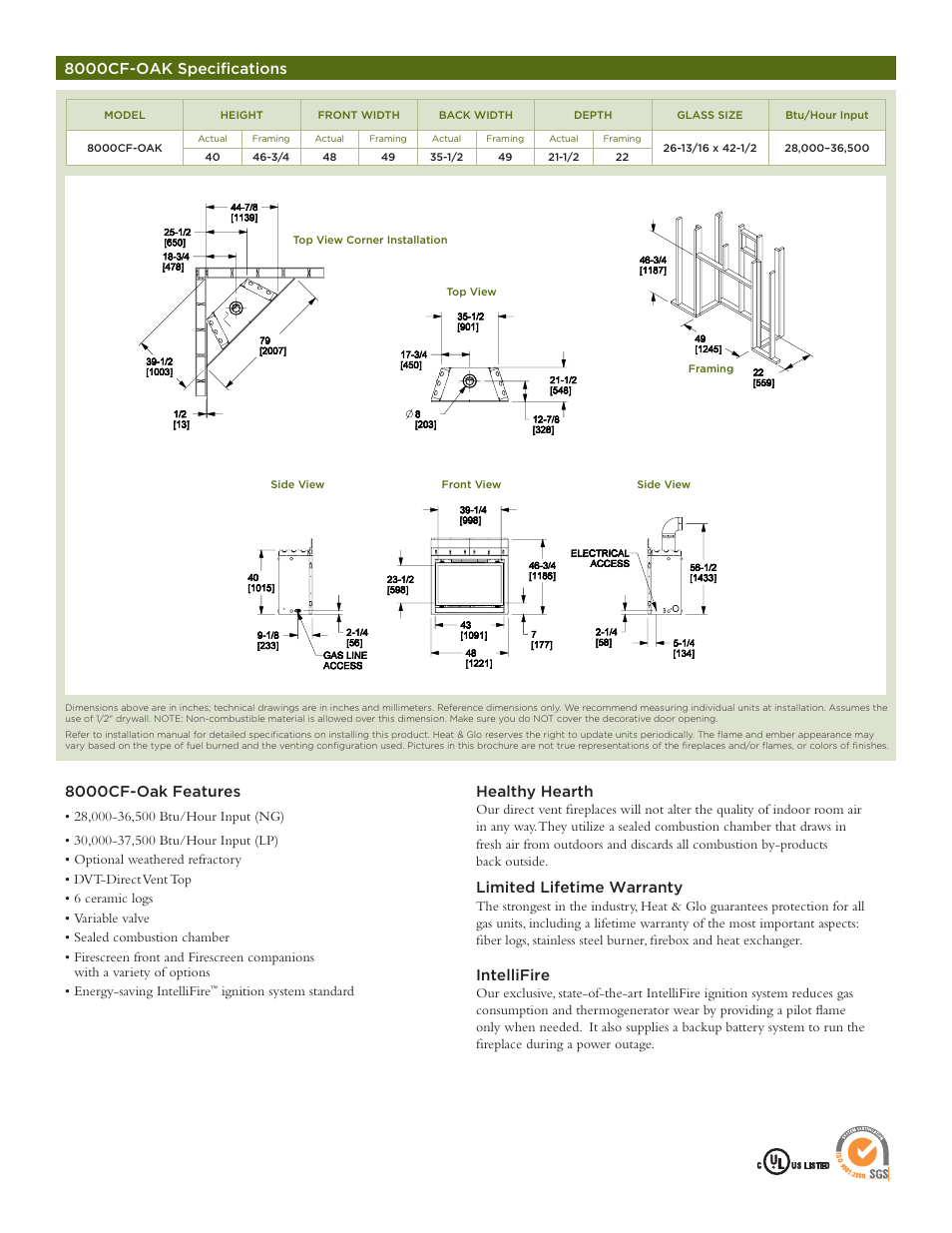 8000cf-oak specifications, 8000cf-oak features, Healthy hearth | Limited lifetime warranty, Intellifire | Hearth and Home Technologies 8000CF-OAK User Manual | Page 7 / 8