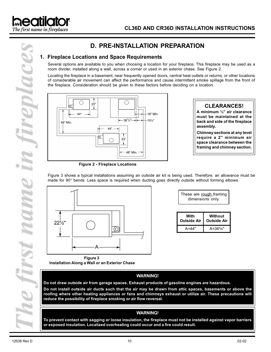 D. pre-installation preparation, Cl36d and cr36d installation instructions, Fireplace locations and space requirements | Clearances | Hearth and Home Technologies CL36D User Manual | Page 10 / 32