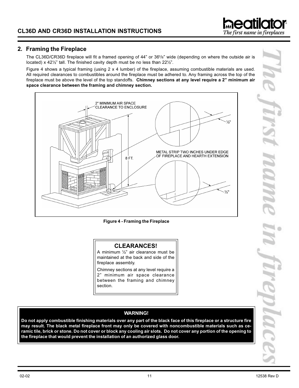 Cl36d and cr36d installation instructions, Framing the fireplace, Clearances | Hearth and Home Technologies CL36D User Manual | Page 11 / 32