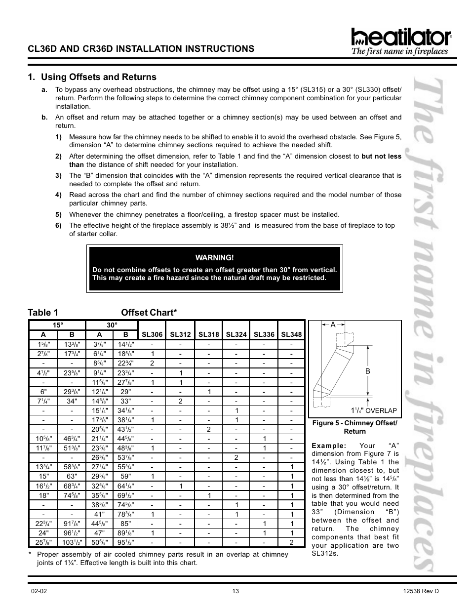 Cl36d and cr36d installation instructions, Using offsets and returns, Table 1 offset chart | Hearth and Home Technologies CL36D User Manual | Page 13 / 32