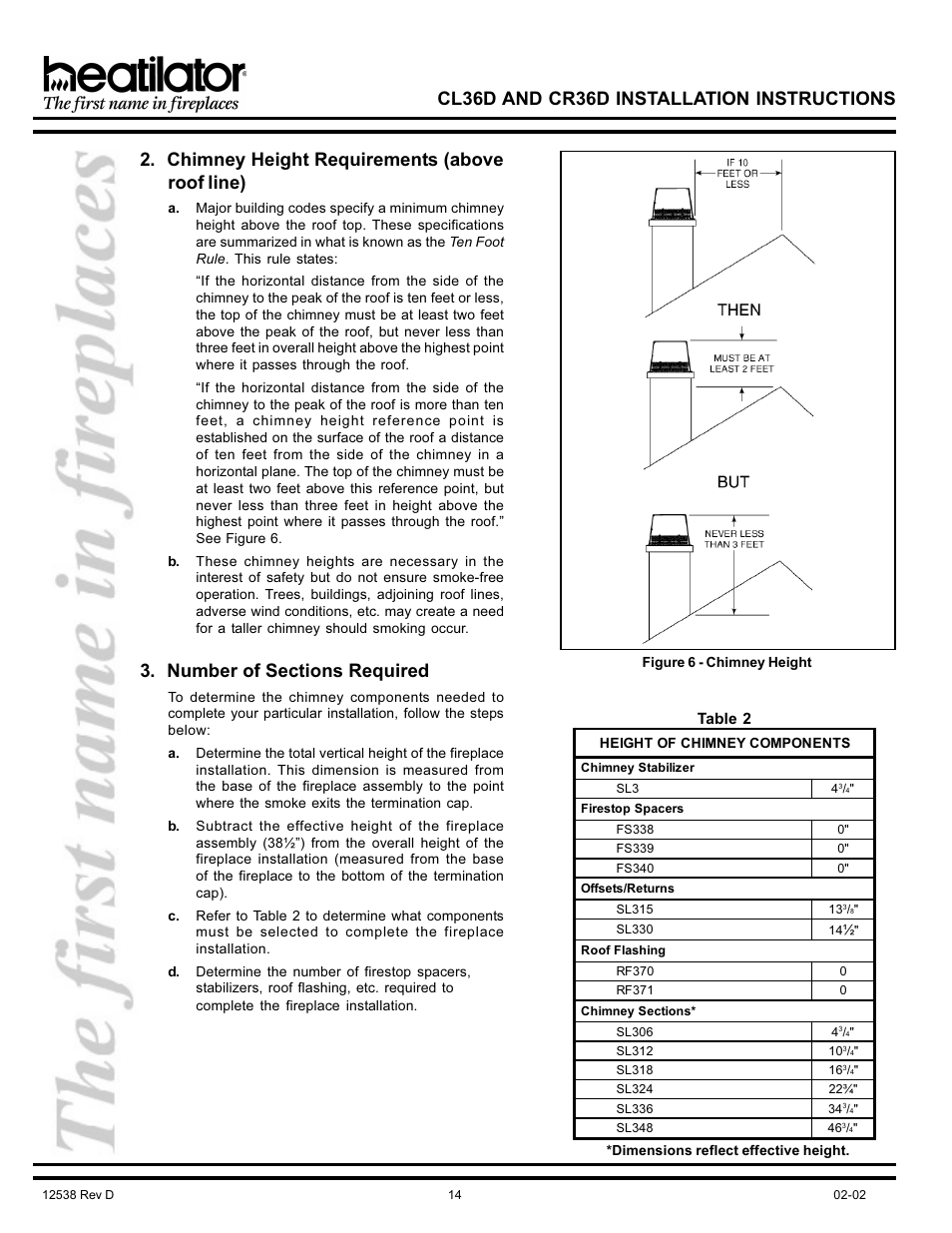 Cl36d and cr36d installation instructions, Chimney height requirements (above roof line) | Hearth and Home Technologies CL36D User Manual | Page 14 / 32