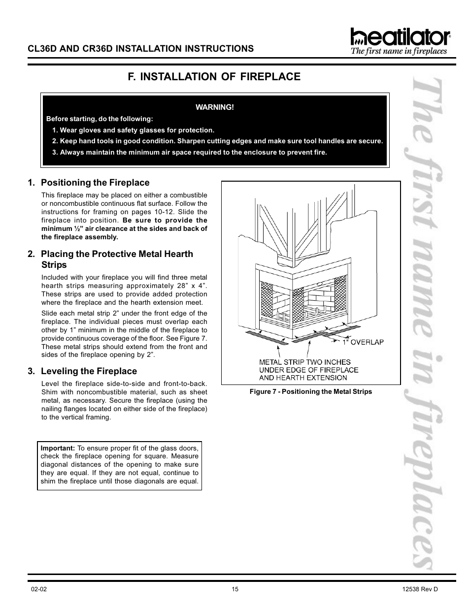 F. installation of fireplace | Hearth and Home Technologies CL36D User Manual | Page 15 / 32