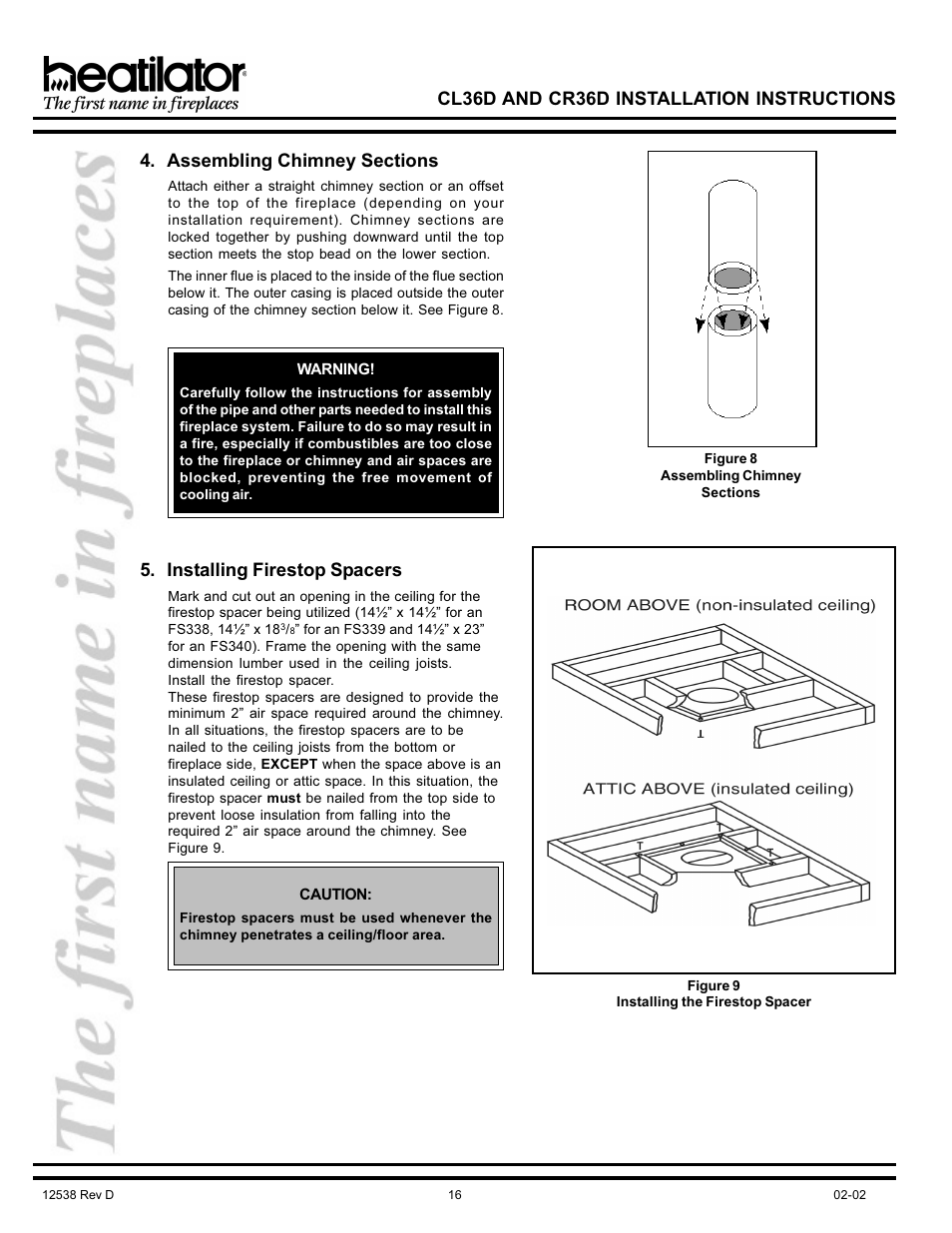 Cl36d and cr36d installation instructions, Installing firestop spacers | Hearth and Home Technologies CL36D User Manual | Page 16 / 32