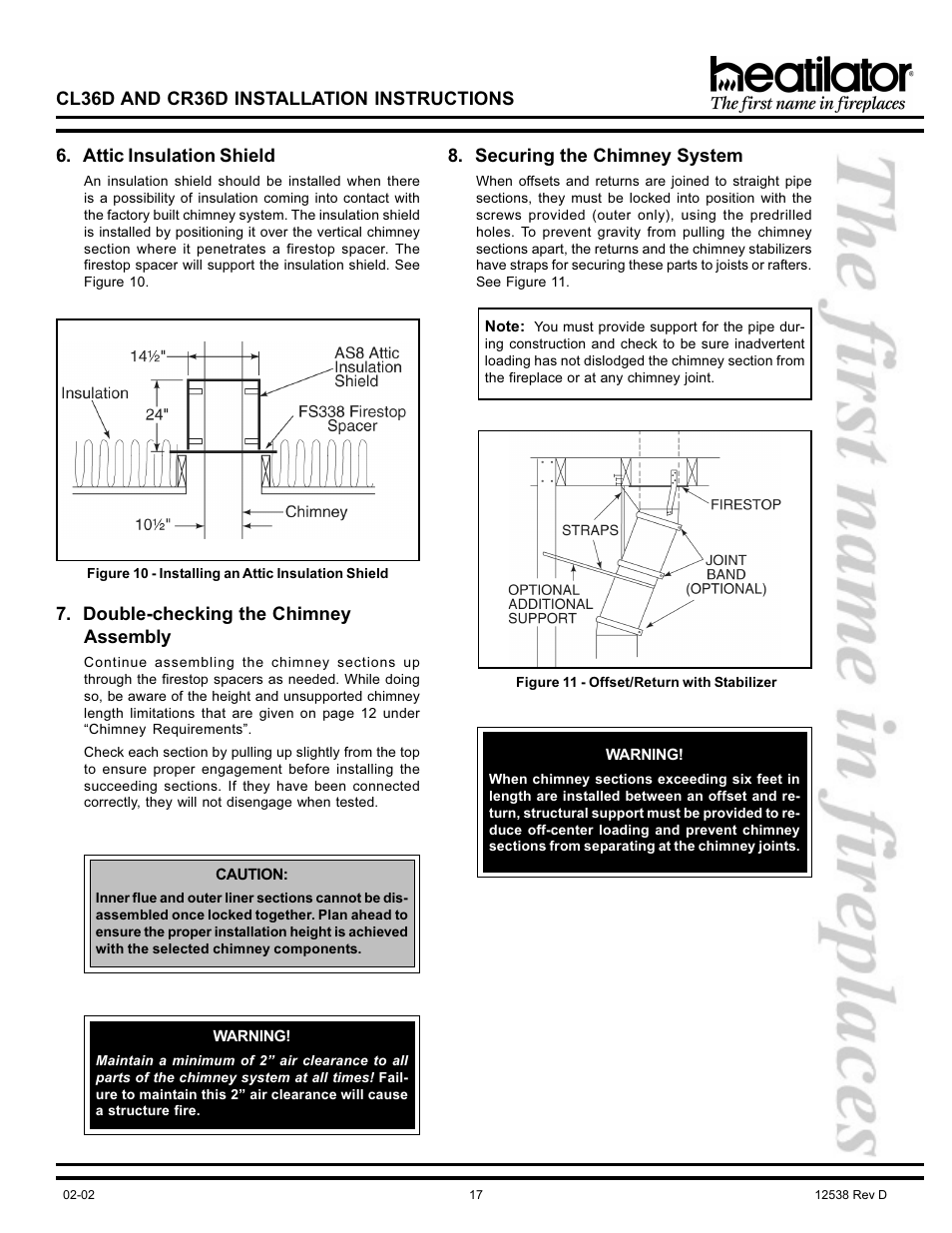 Cl36d and cr36d installation instructions, Attic insulation shield, Double-checking the chimney assembly | Securing the chimney system | Hearth and Home Technologies CL36D User Manual | Page 17 / 32