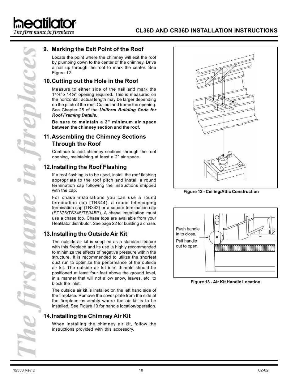 Cl36d and cr36d installation instructions, Marking the exit point of the roof, Cutting out the hole in the roof | Installing the roof flashing, Installing the outside air kit, Installing the chimney air kit | Hearth and Home Technologies CL36D User Manual | Page 18 / 32