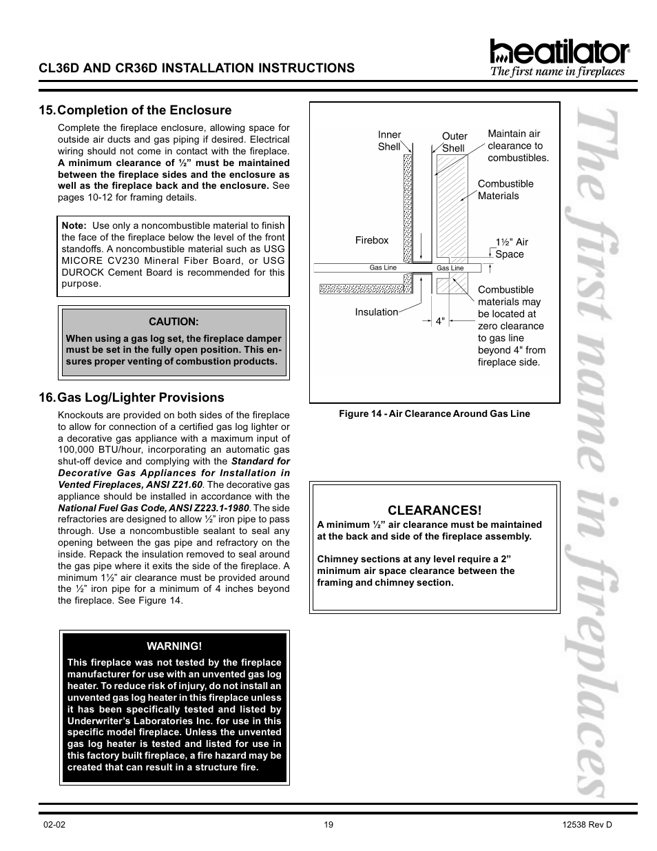 Cl36d and cr36d installation instructions, Completion of the enclosure, Gas log/lighter provisions | Clearances | Hearth and Home Technologies CL36D User Manual | Page 19 / 32