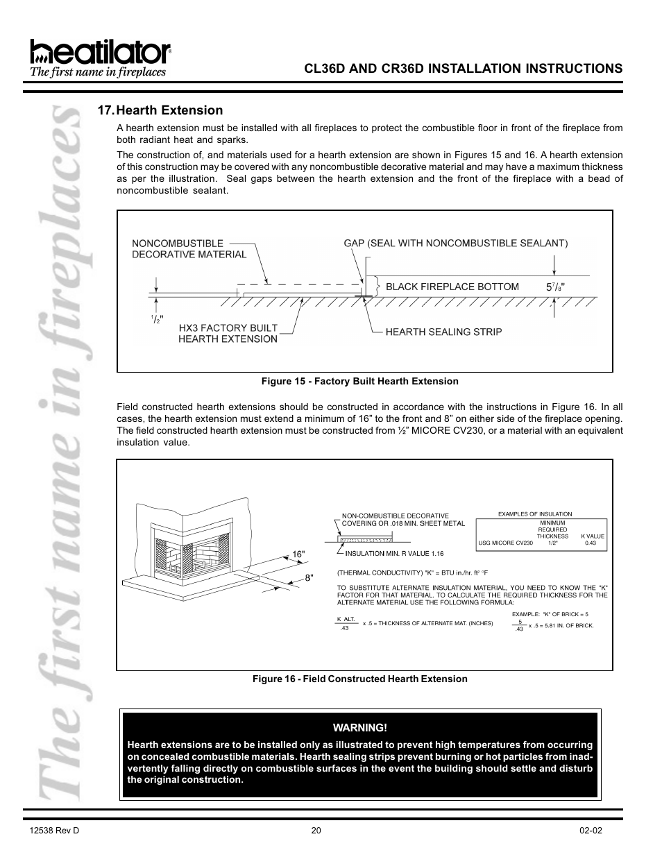 Cl36d and cr36d installation instructions, Hearth extension | Hearth and Home Technologies CL36D User Manual | Page 20 / 32