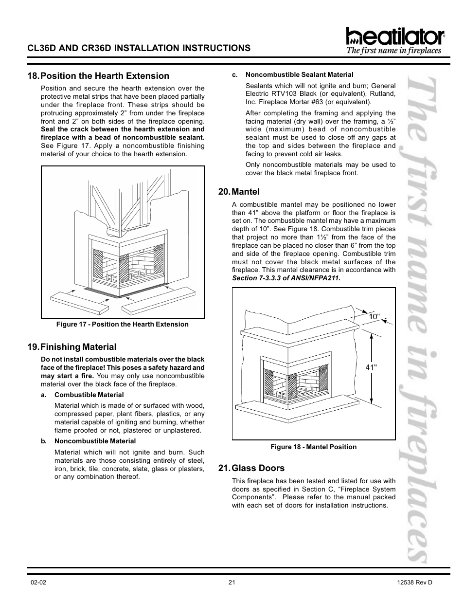 Cl36d and cr36d installation instructions, Position the hearth extension, Finishing material | Mantel, Glass doors | Hearth and Home Technologies CL36D User Manual | Page 21 / 32