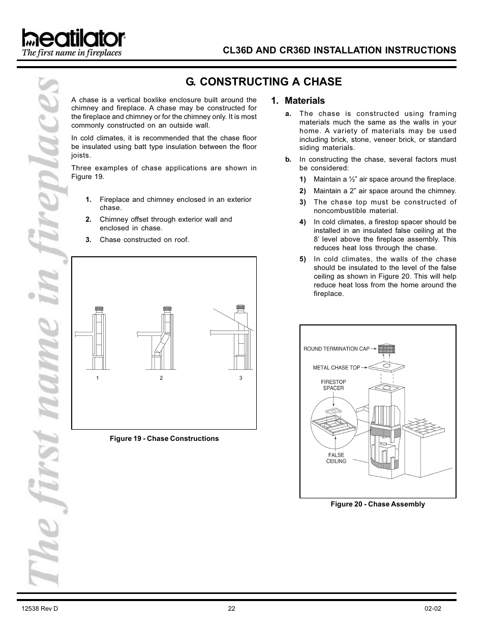 G. constructing a chase, Cl36d and cr36d installation instructions, Materials | Hearth and Home Technologies CL36D User Manual | Page 22 / 32