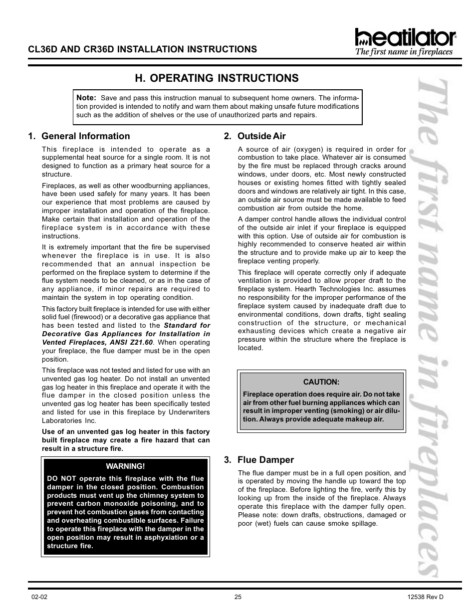 H. operating instructions, Cl36d and cr36d installation instructions, General information | Outside air, Flue damper | Hearth and Home Technologies CL36D User Manual | Page 25 / 32