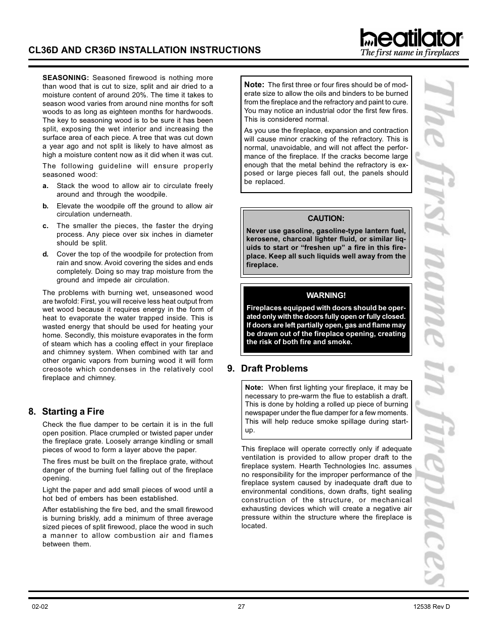 Cl36d and cr36d installation instructions, Starting a fire, Draft problems | Hearth and Home Technologies CL36D User Manual | Page 27 / 32