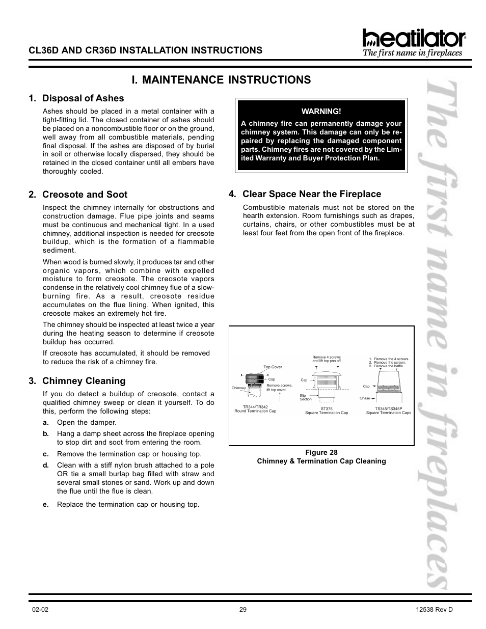I. maintenance instructions, Cl36d and cr36d installation instructions, Creosote and soot | Chimney cleaning, Clear space near the fireplace, Disposal of ashes | Hearth and Home Technologies CL36D User Manual | Page 29 / 32