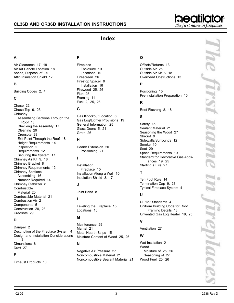 Index, Cl36d and cr36d installation instructions | Hearth and Home Technologies CL36D User Manual | Page 31 / 32