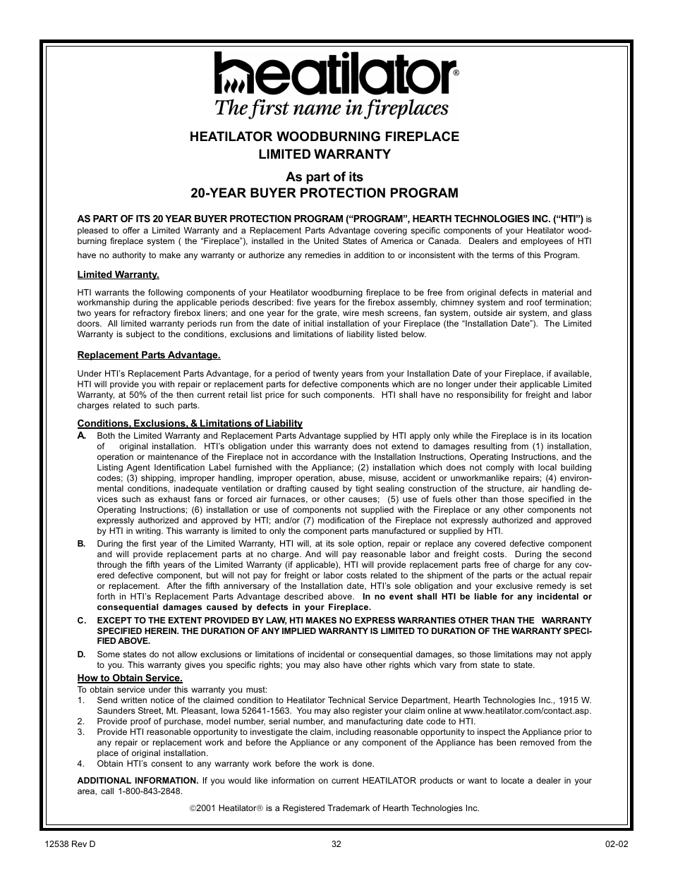 Hearth and Home Technologies CL36D User Manual | Page 32 / 32