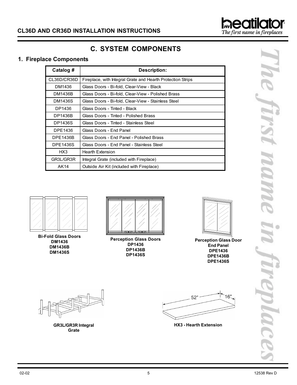 C. system components, Cl36d and cr36d installation instructions, Fireplace components | Hearth and Home Technologies CL36D User Manual | Page 5 / 32