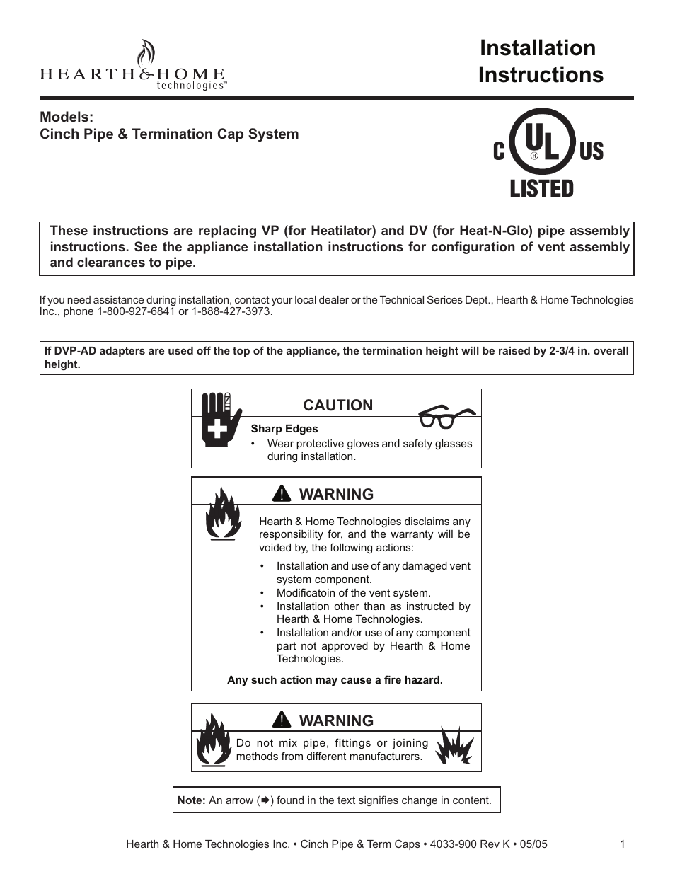 Hearth and Home Technologies Cinch Pipe & Termination Cap System User Manual | 12 pages