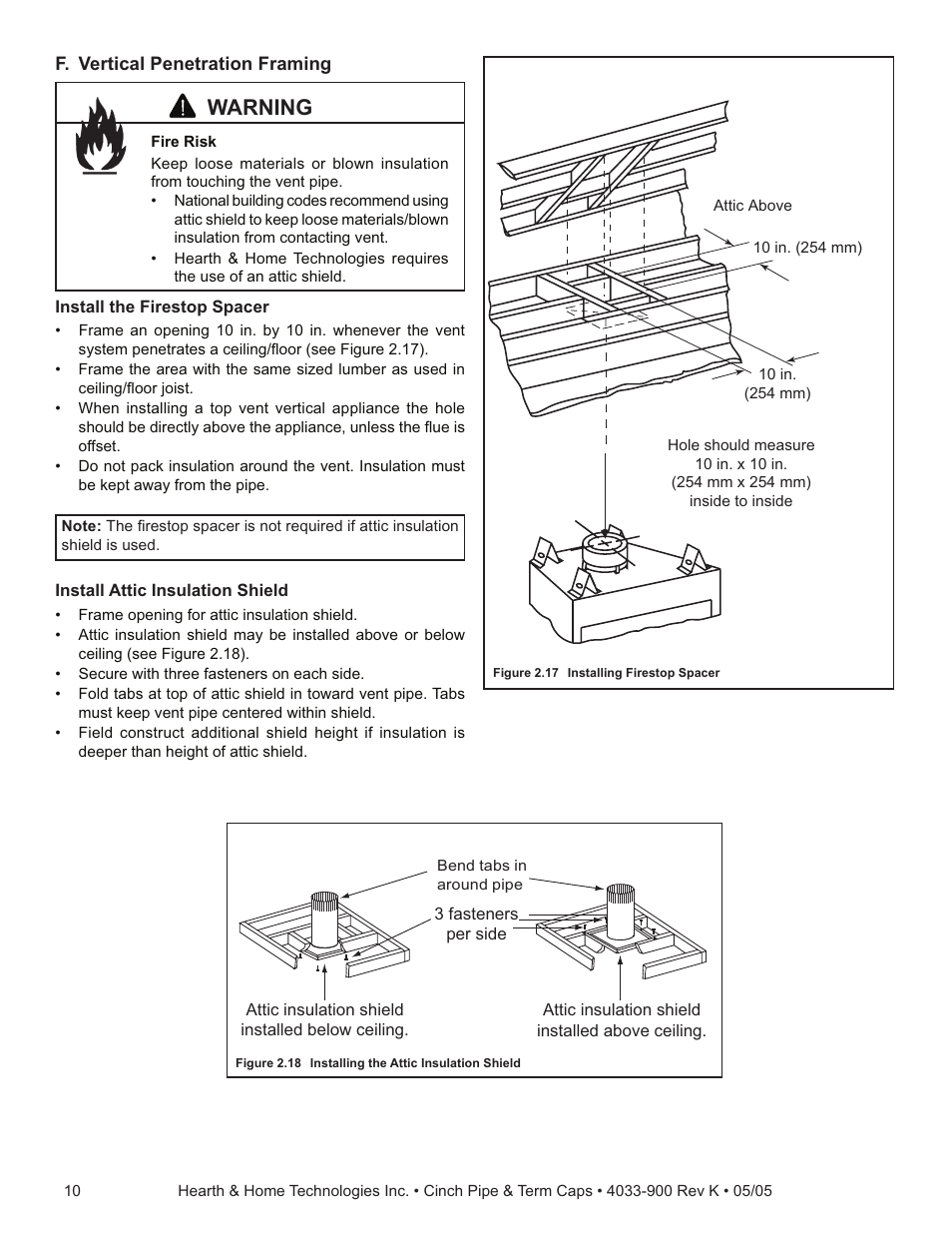 Warning | Hearth and Home Technologies Cinch Pipe & Termination Cap System User Manual | Page 10 / 12