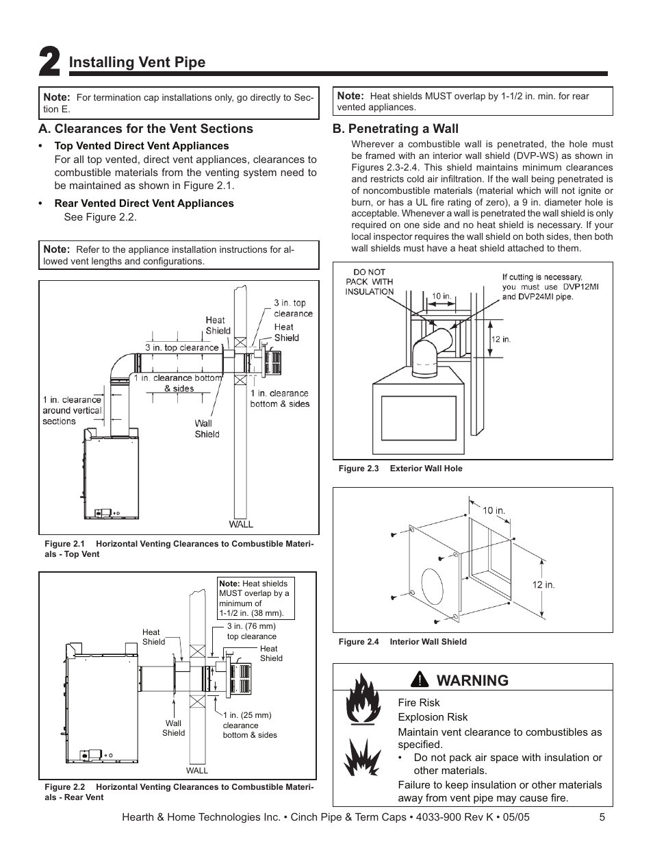 Installing vent pipe, Warning | Hearth and Home Technologies Cinch Pipe & Termination Cap System User Manual | Page 5 / 12