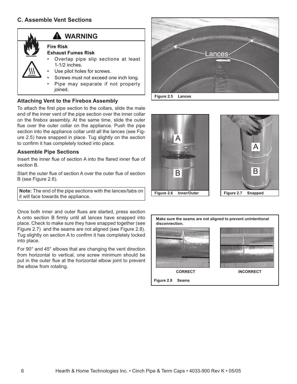 Warning | Hearth and Home Technologies Cinch Pipe & Termination Cap System User Manual | Page 6 / 12