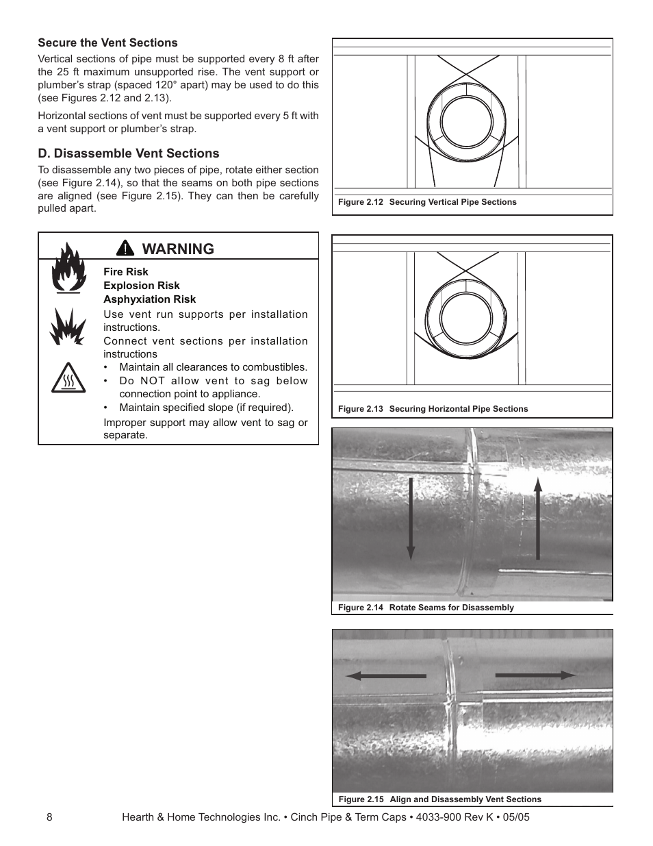 Warning | Hearth and Home Technologies Cinch Pipe & Termination Cap System User Manual | Page 8 / 12