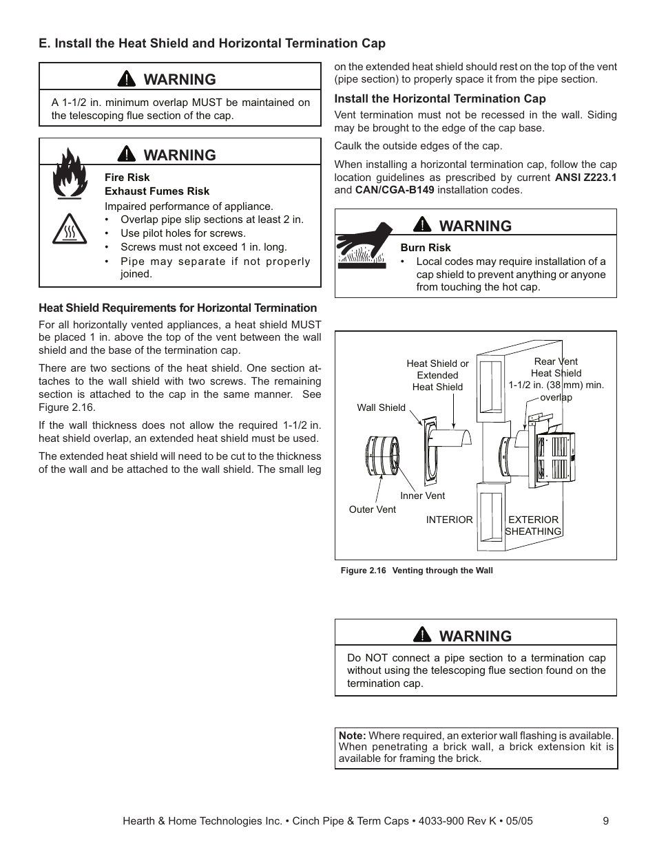 Warning | Hearth and Home Technologies Cinch Pipe & Termination Cap System User Manual | Page 9 / 12