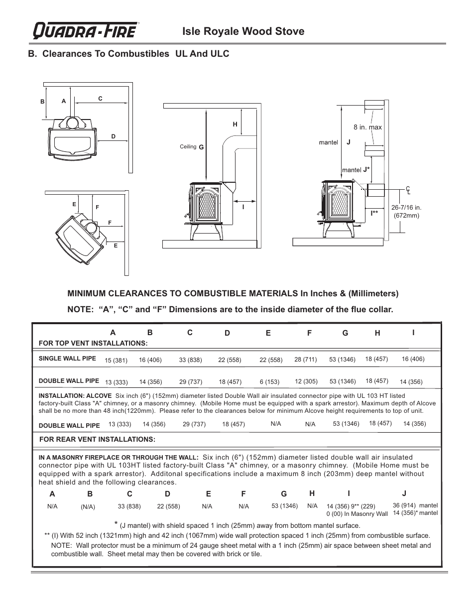 Isle royale wood stove, B. clearances to combustibles ul and ulc | Hearth and Home Technologies QUADRA-FIRE 823-0170 - MBK User Manual | Page 10 / 40