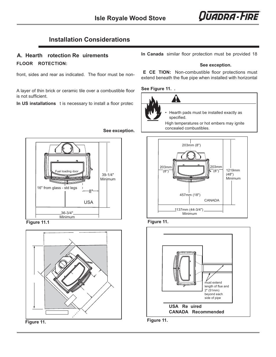 Isle royale wood stove, Installation considerations warning, A. hearth rotection re uirements | Hearth and Home Technologies QUADRA-FIRE 823-0170 - MBK User Manual | Page 11 / 40