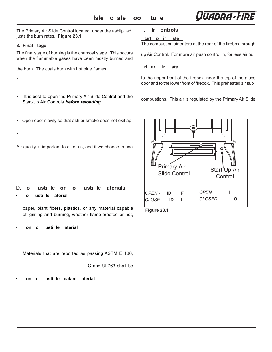 Isle o ale oo to e, Primary air slide control start-up air control | Hearth and Home Technologies QUADRA-FIRE 823-0170 - MBK User Manual | Page 23 / 40