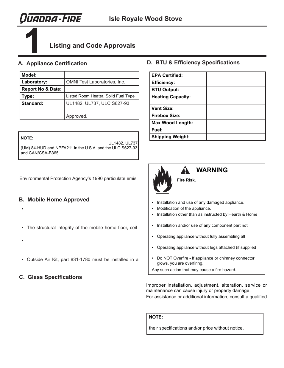 Isle royale wood stove, Warning, Listing and code approvals | Hearth and Home Technologies QUADRA-FIRE 823-0170 - MBK User Manual | Page 4 / 40