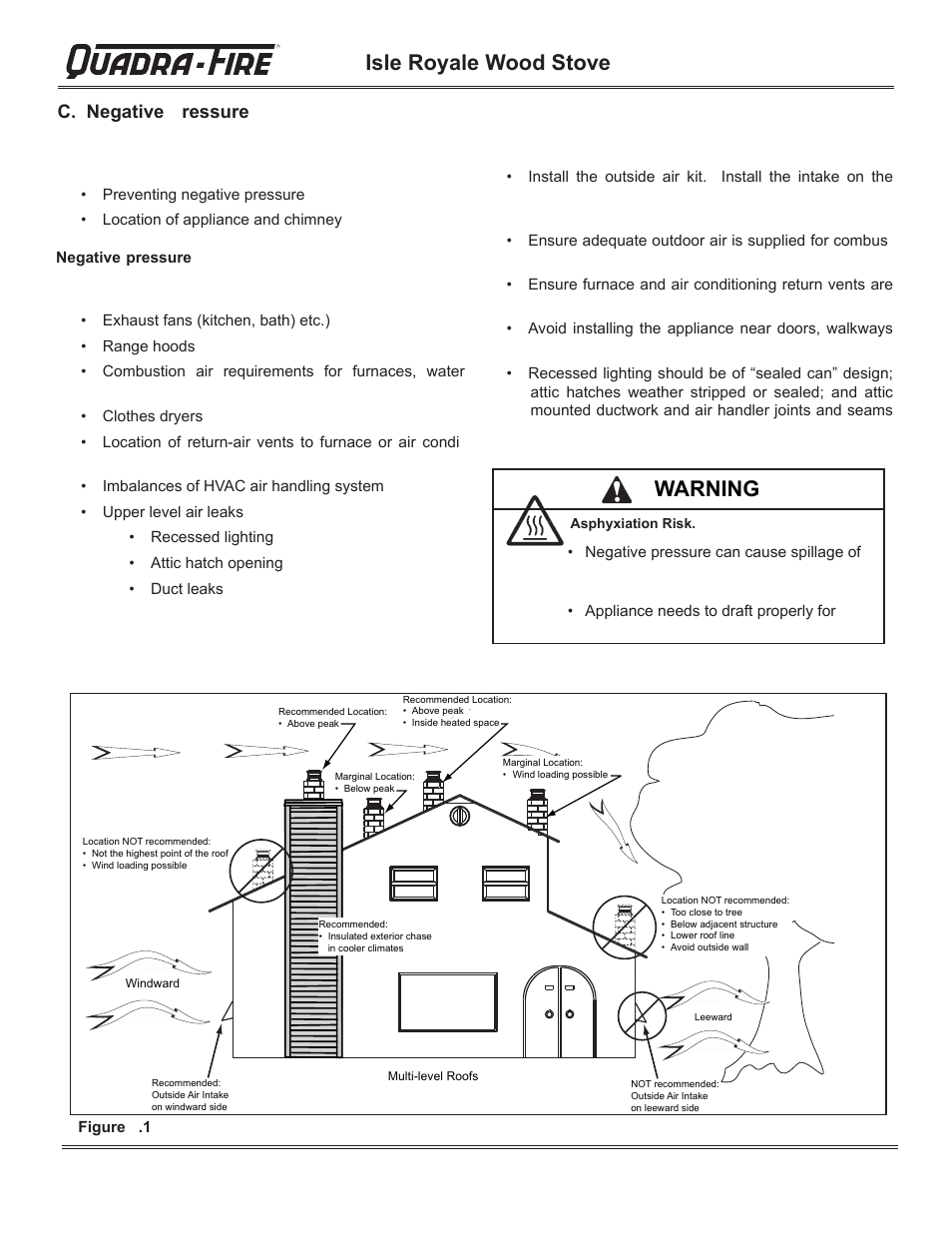 Isle royale wood stove, Warning, C. negative ressure | Hearth and Home Technologies QUADRA-FIRE 823-0170 - MBK User Manual | Page 6 / 40