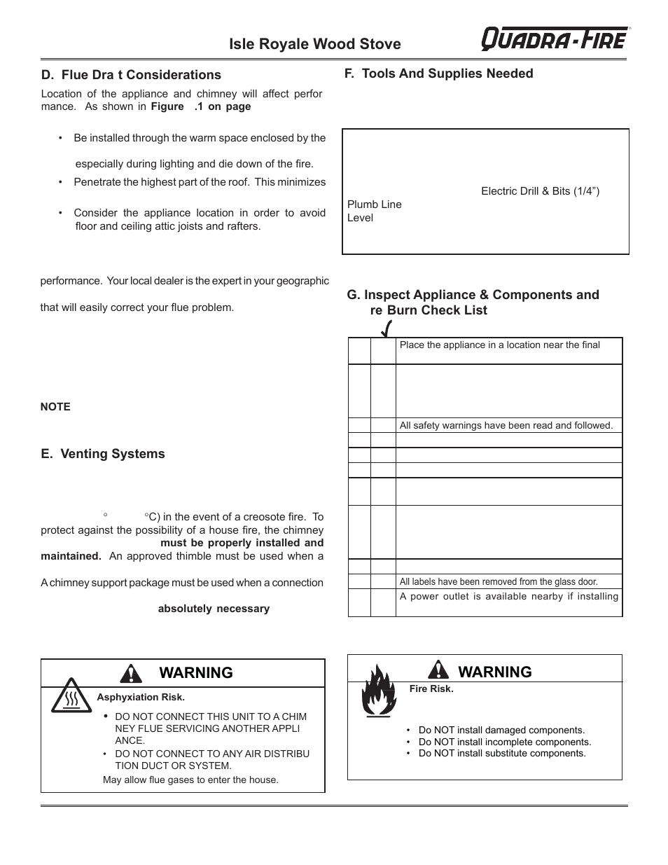 Isle royale wood stove, Warning | Hearth and Home Technologies QUADRA-FIRE 823-0170 - MBK User Manual | Page 7 / 40