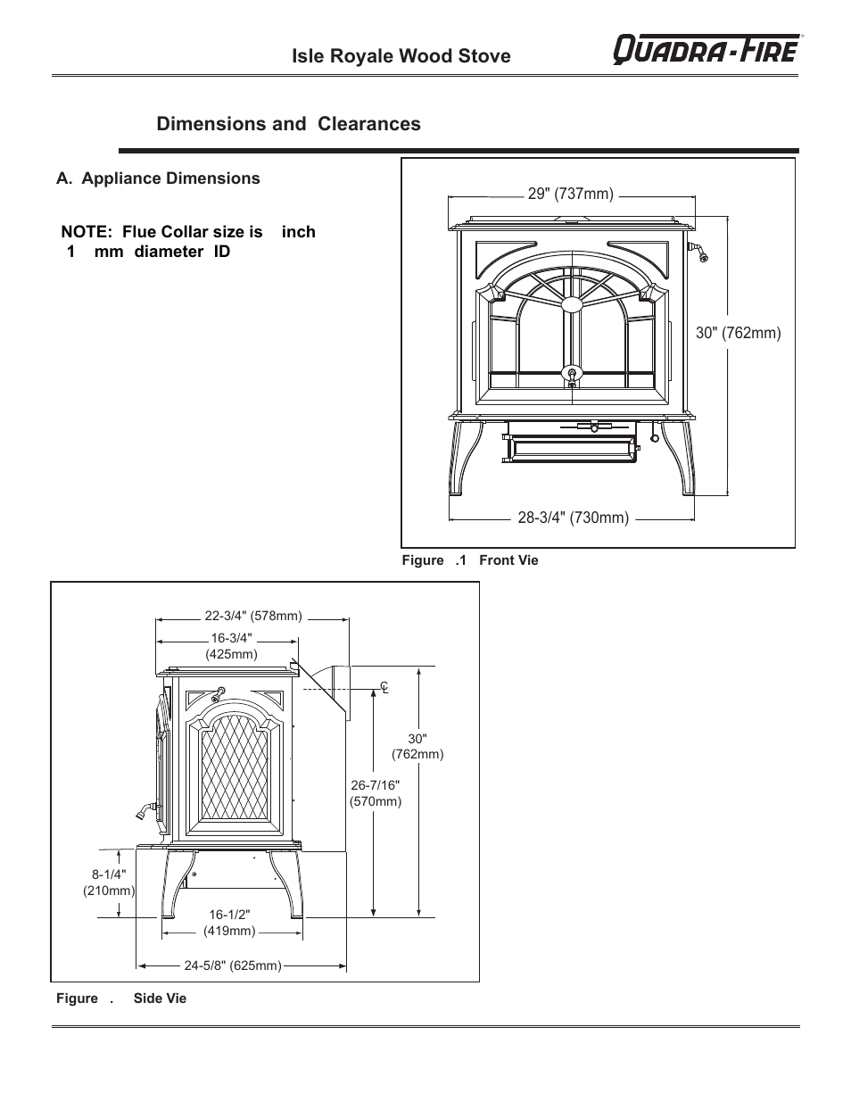 Isle royale wood stove, Dimensions and clearances | Hearth and Home Technologies QUADRA-FIRE 823-0170 - MBK User Manual | Page 9 / 40