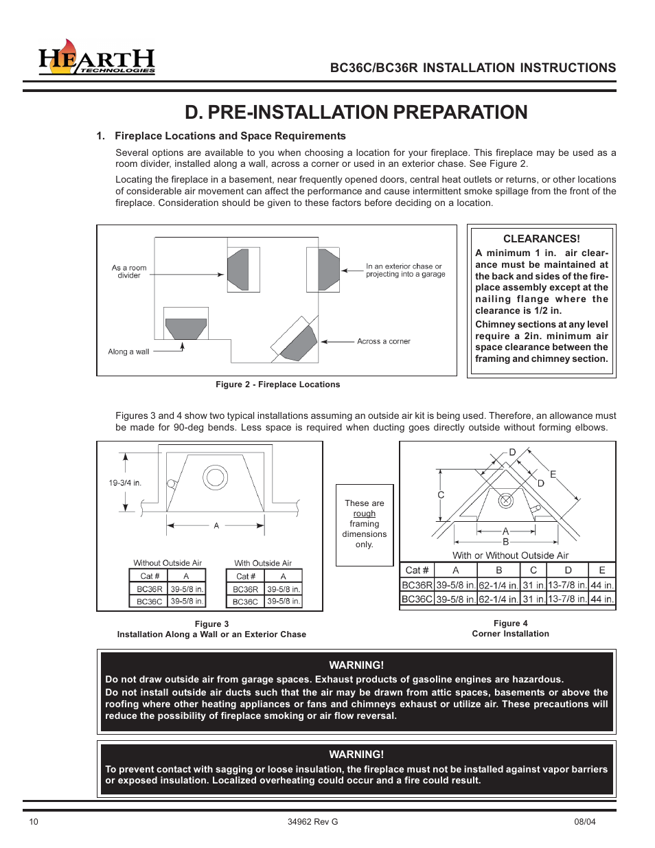D. pre-installation preparation, Bc36c/bc36r installation instructions | Hearth and Home Technologies BC36C User Manual | Page 10 / 32