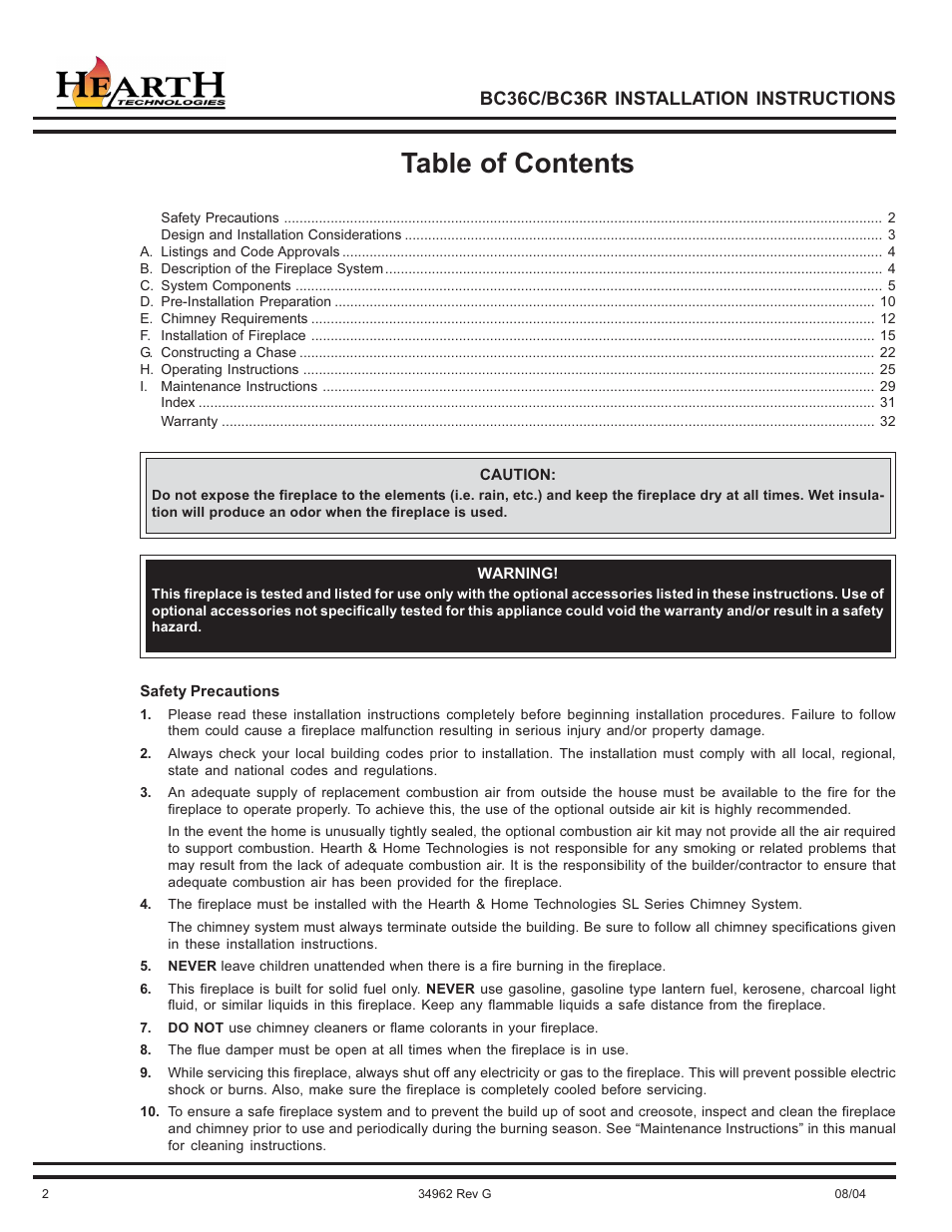 Hearth and Home Technologies BC36C User Manual | Page 2 / 32