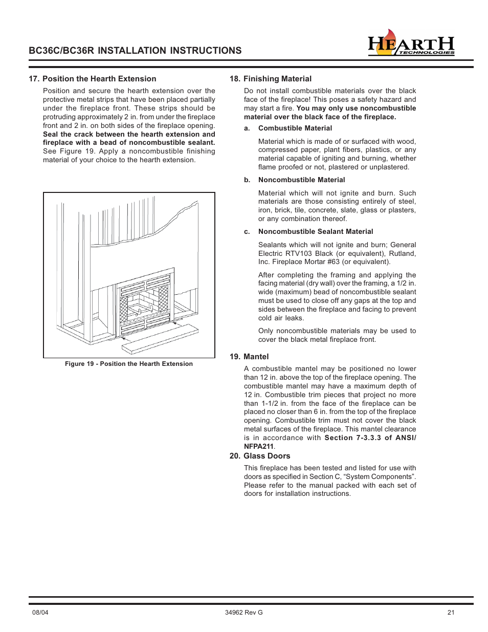 Bc36c/bc36r installation instructions | Hearth and Home Technologies BC36C User Manual | Page 21 / 32