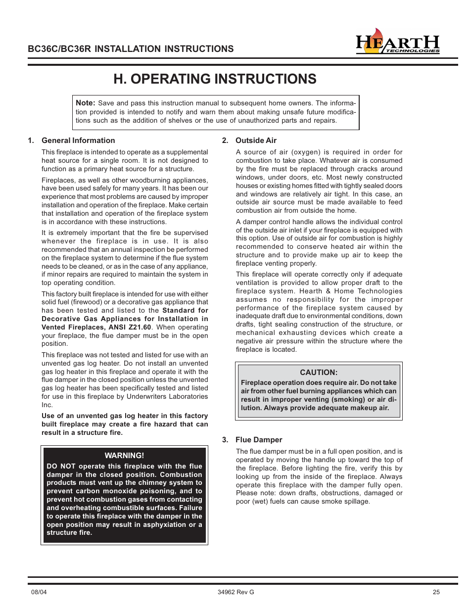 H. operating instructions | Hearth and Home Technologies BC36C User Manual | Page 25 / 32
