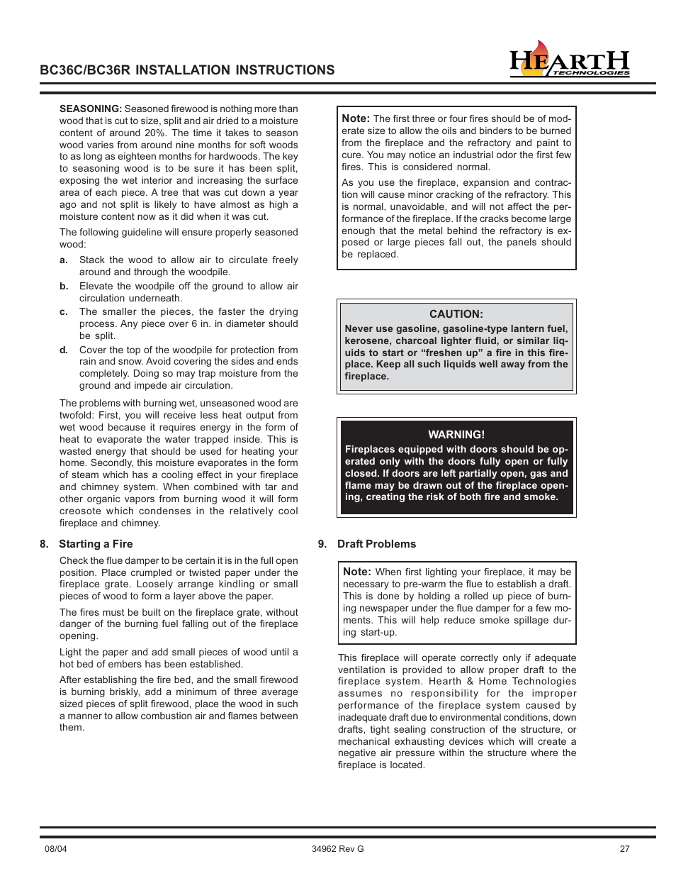 Bc36c/bc36r installation instructions | Hearth and Home Technologies BC36C User Manual | Page 27 / 32