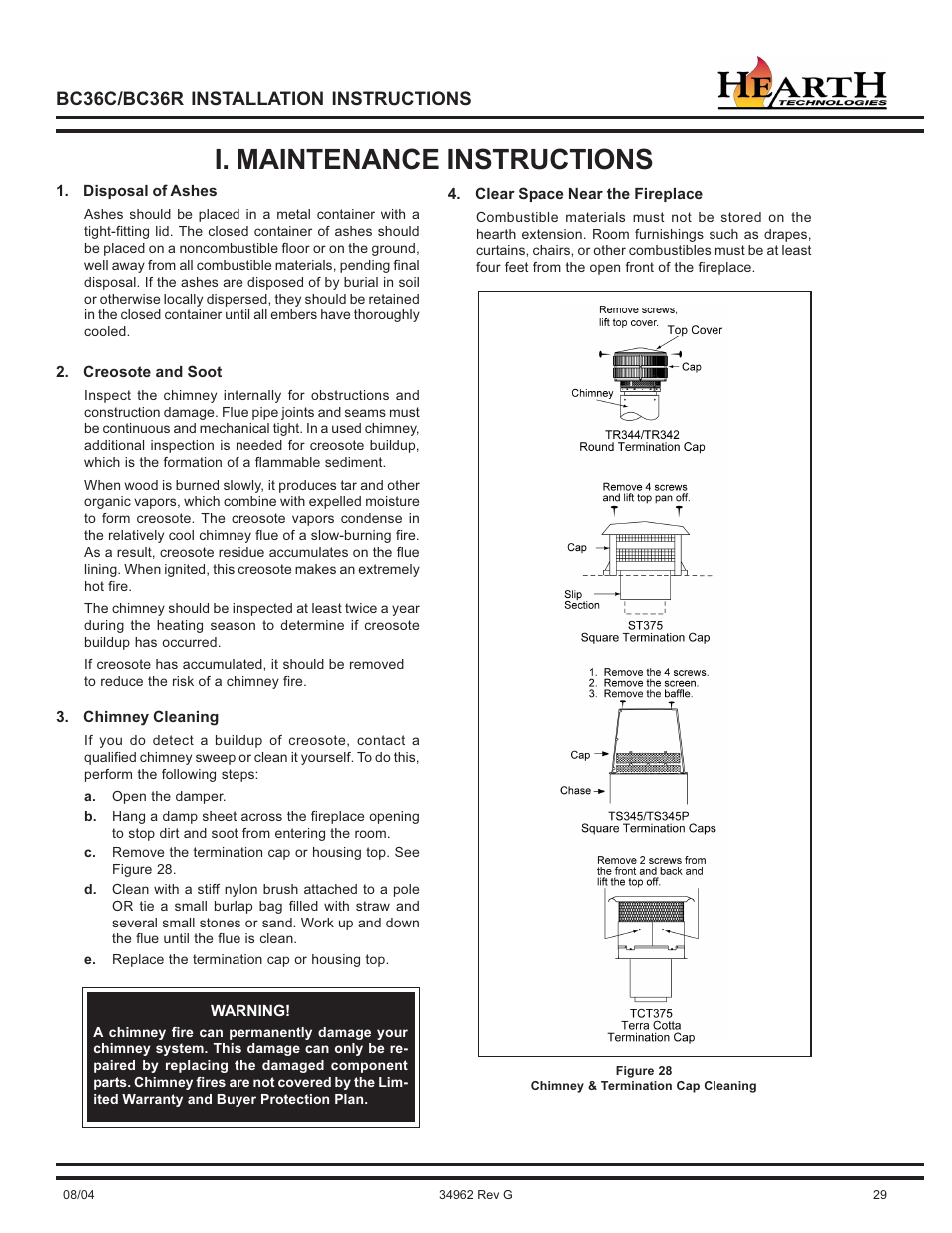 I. maintenance instructions, Bc36c/bc36r installation instructions | Hearth and Home Technologies BC36C User Manual | Page 29 / 32