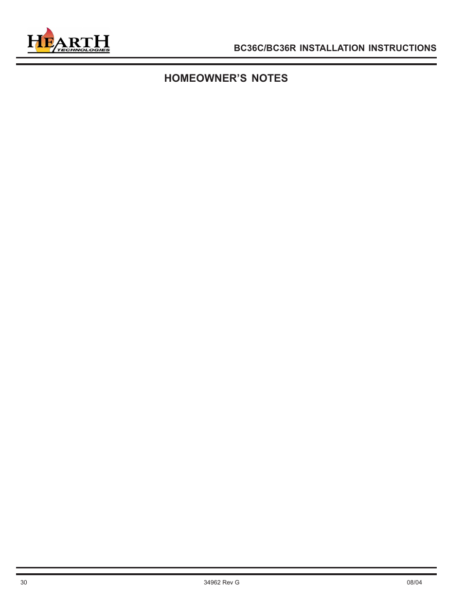 Hearth and Home Technologies BC36C User Manual | Page 30 / 32