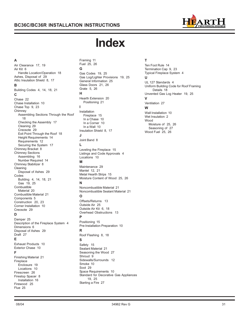 Index, Bc36c/bc36r installation instructions | Hearth and Home Technologies BC36C User Manual | Page 31 / 32