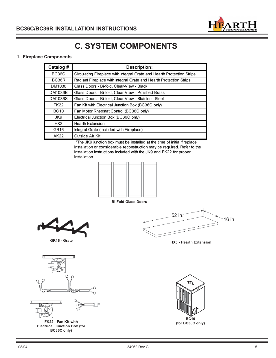 C. system components, Bc36c/bc36r installation instructions | Hearth and Home Technologies BC36C User Manual | Page 5 / 32
